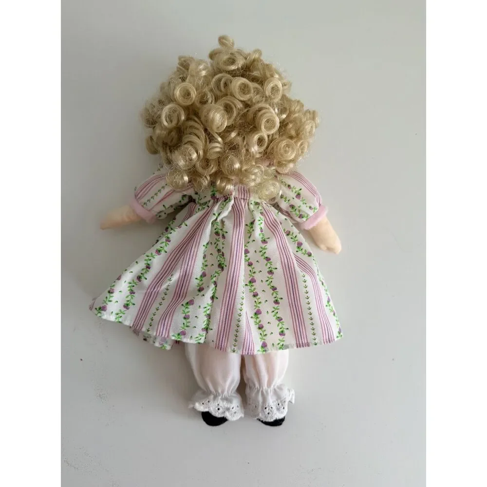 Vintage Style Cloth Rag Doll Blonde Curly Hair Floral Prairie Dress Bloomers 11